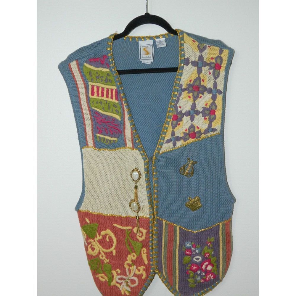 Ascente Sweater Vest Plus Size 1X Grannycore Cottagecore Vintage Blue Brooches